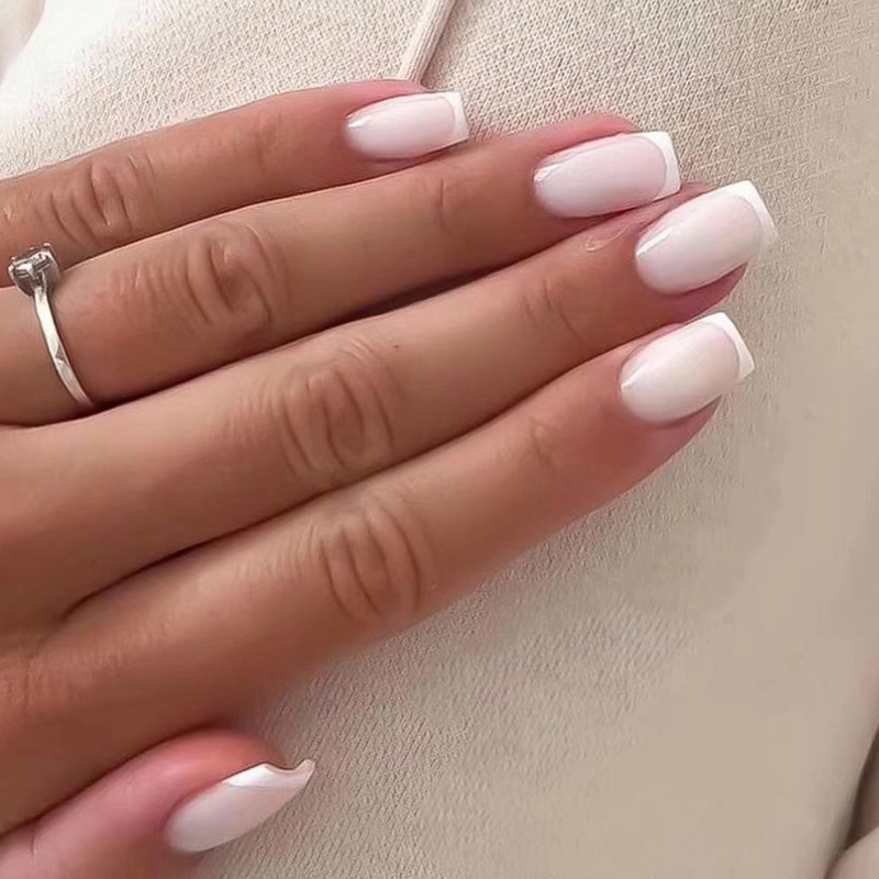 White French Press on Nails Long Square FakeNails Full Cover Nude Acrylic False Nails for Women and Girls 24PCS Detachable