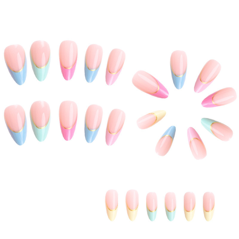 Short Round Press on Nails Oval Fake Nails Glossy Glue on Nails Colorful French Tip Acrylic Artificial Rainbow Edge Stick on