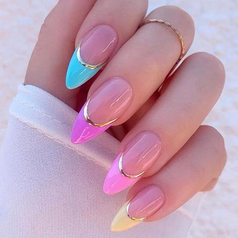 Short Round Press on Nails Oval Fake Nails Glossy Glue on Nails Colorful French Tip Acrylic Artificial Rainbow Edge Stick on