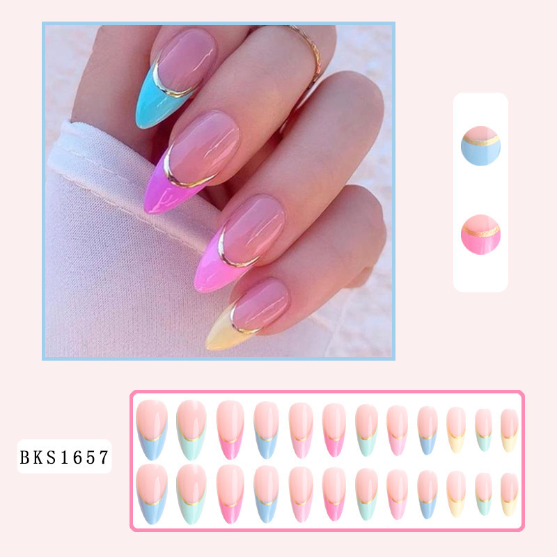 Short Round Press on Nails Oval Fake Nails Glossy Glue on Nails Colorful French Tip Acrylic Artificial Rainbow Edge Stick on