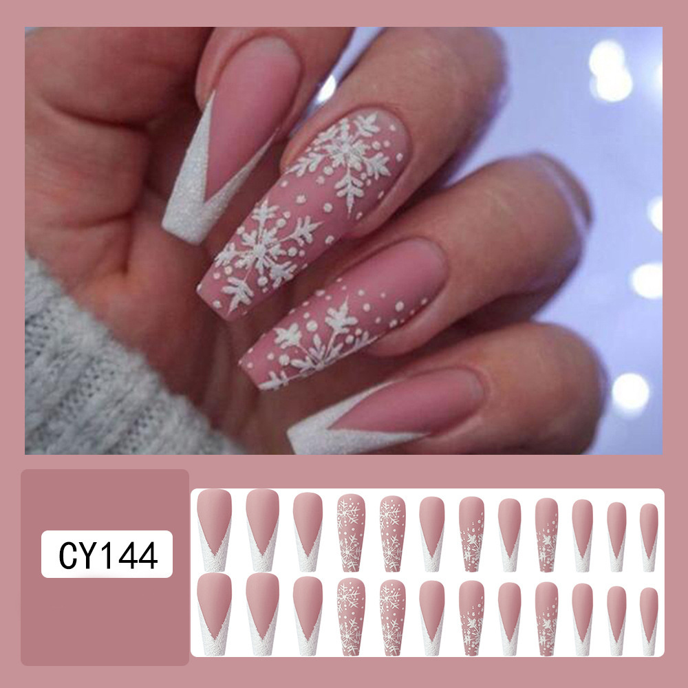 Christmas press on nails pink snowflakes long ballerina artificial fake nails stick on nails design