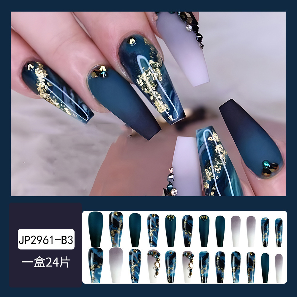 24pcs Long Ballet Full Cover False Nail Grey Marble Design Nails Tip Art Set sharp-nosed French Coffin Press On False Nails