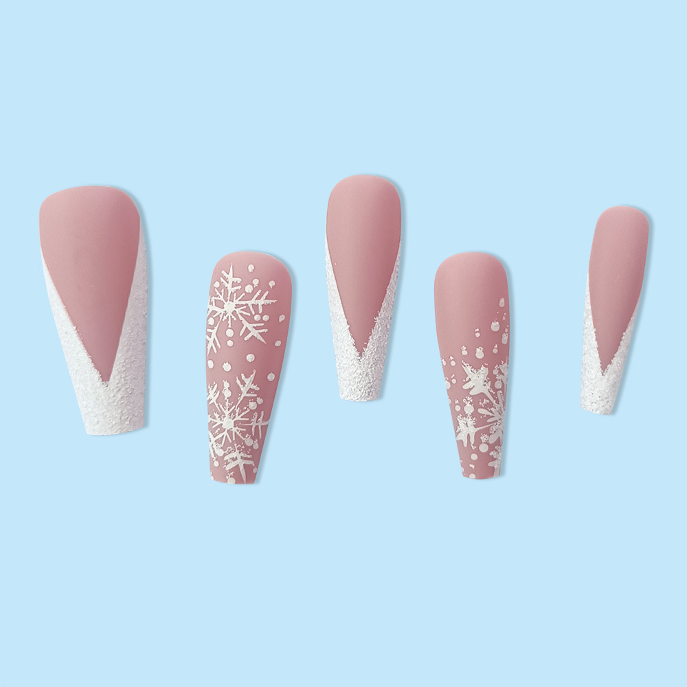 Christmas press on nails pink snowflakes long ballerina artificial fake nails stick on nails design