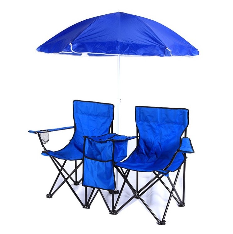 double camping chair foldable picnic outdoor twin seat with cooler bag umbrella sun canopy