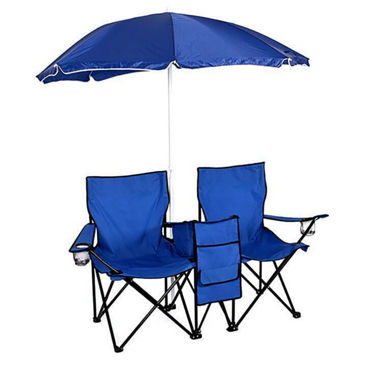 double camping chair foldable picnic outdoor twin seat with cooler bag umbrella sun canopy