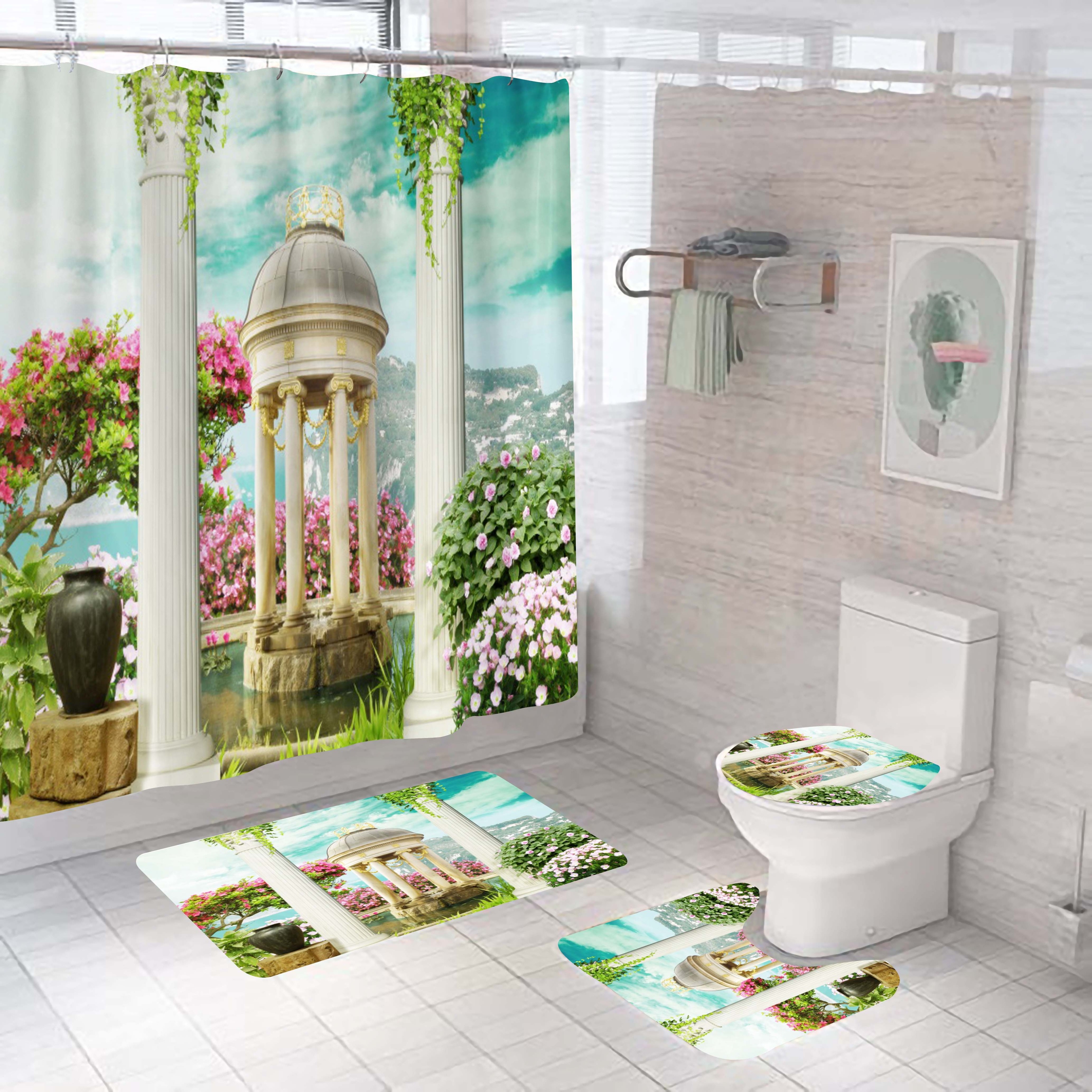 Unique high quality mountain forest flowers scenery maple leaves shower curtain sets for the bathroom