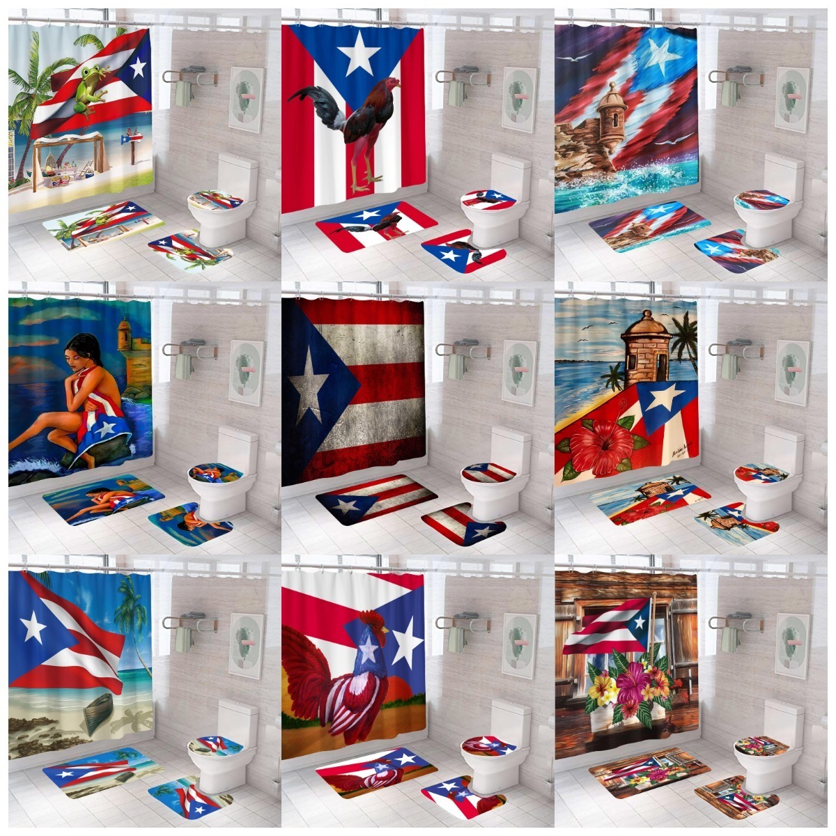 Puerto Rico Flag Rooster Rustic Souvenirs Shower Curtain customized 3d printed waterproof shower curtain rugs bathroom Mat