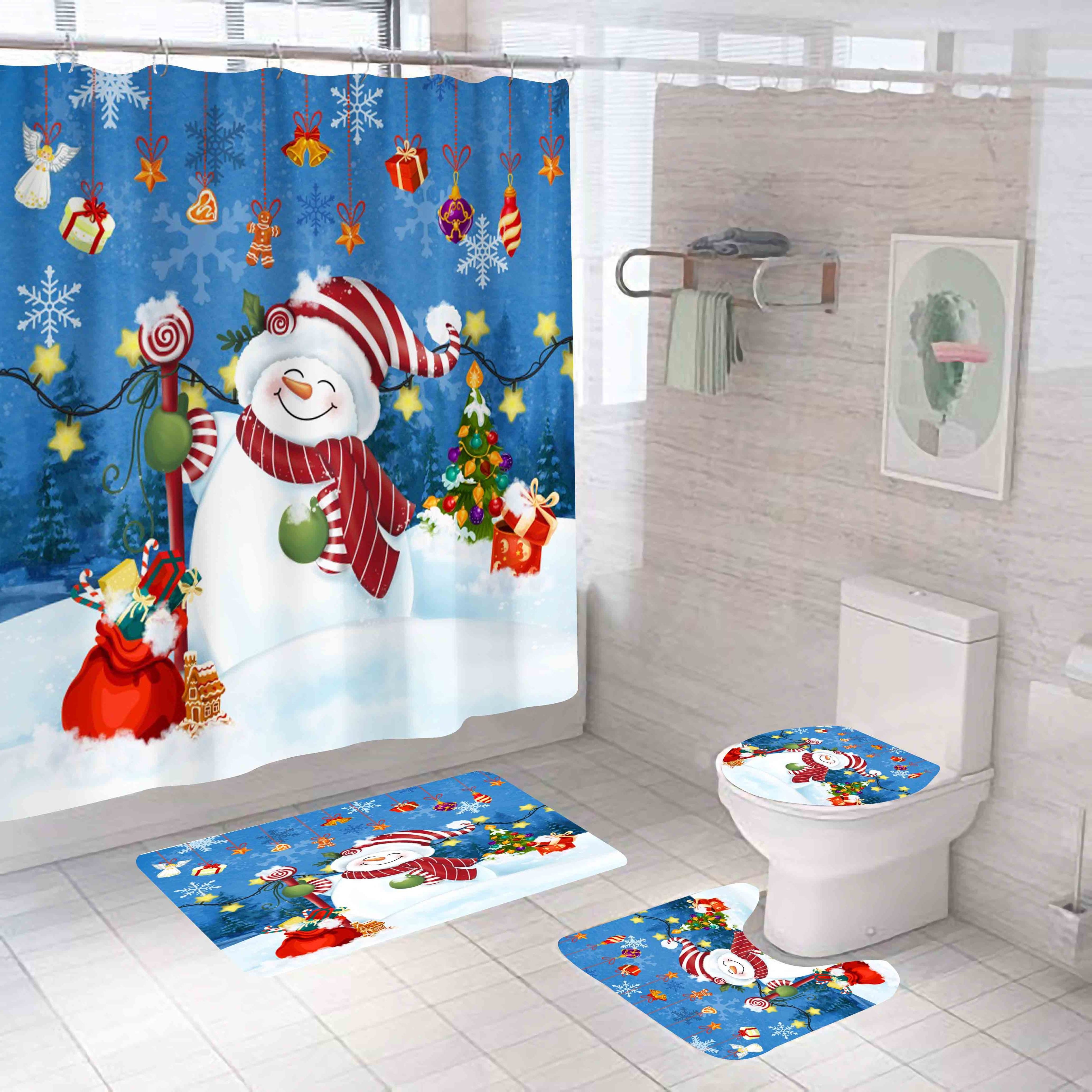 Santa Claus Merry Christmas Toilet Lid Cover Bath Mat Festive Cute Cartoon Shower Curtain Sets with Rugs with Many Gifts