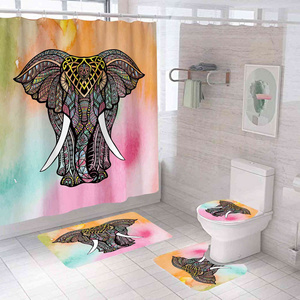 Morden Style 4 Piece 100 Polyester Waterproof Animal Multicolor Elephant Designer Bathroom Rug Printed Shower Curtain Set