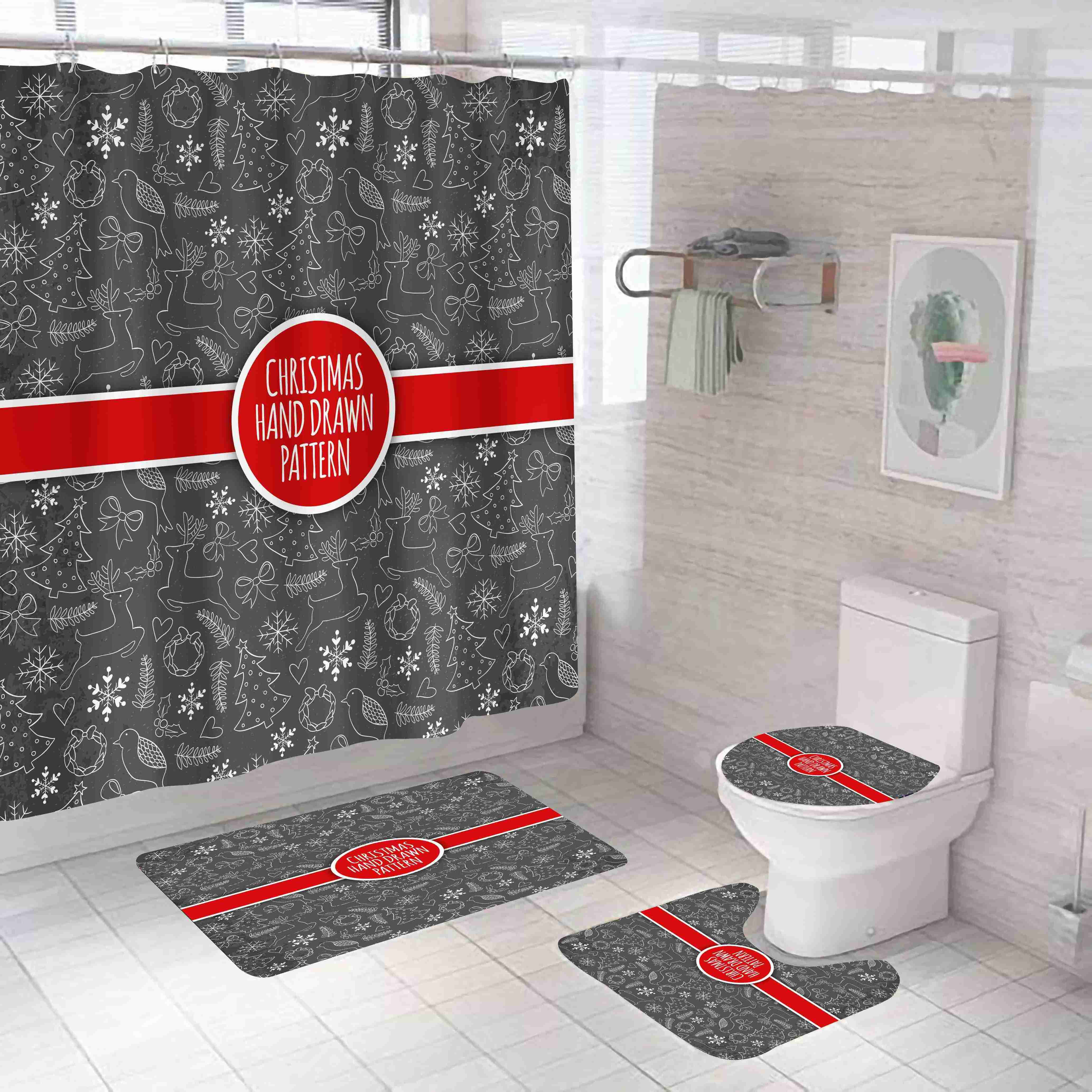 New Product Print Polyester 3D Custom Waterproof Christmas Shower Curtain Set Bathroom Sets With Shower Curtain and Rugs