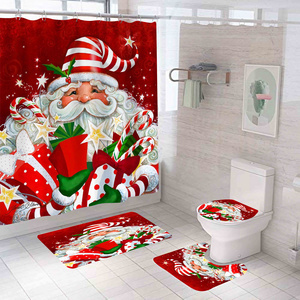 Santa Claus Merry Christmas Toilet Lid Cover Bath Mat Festive Cute Cartoon Shower Curtain Sets with Rugs with Many Gifts