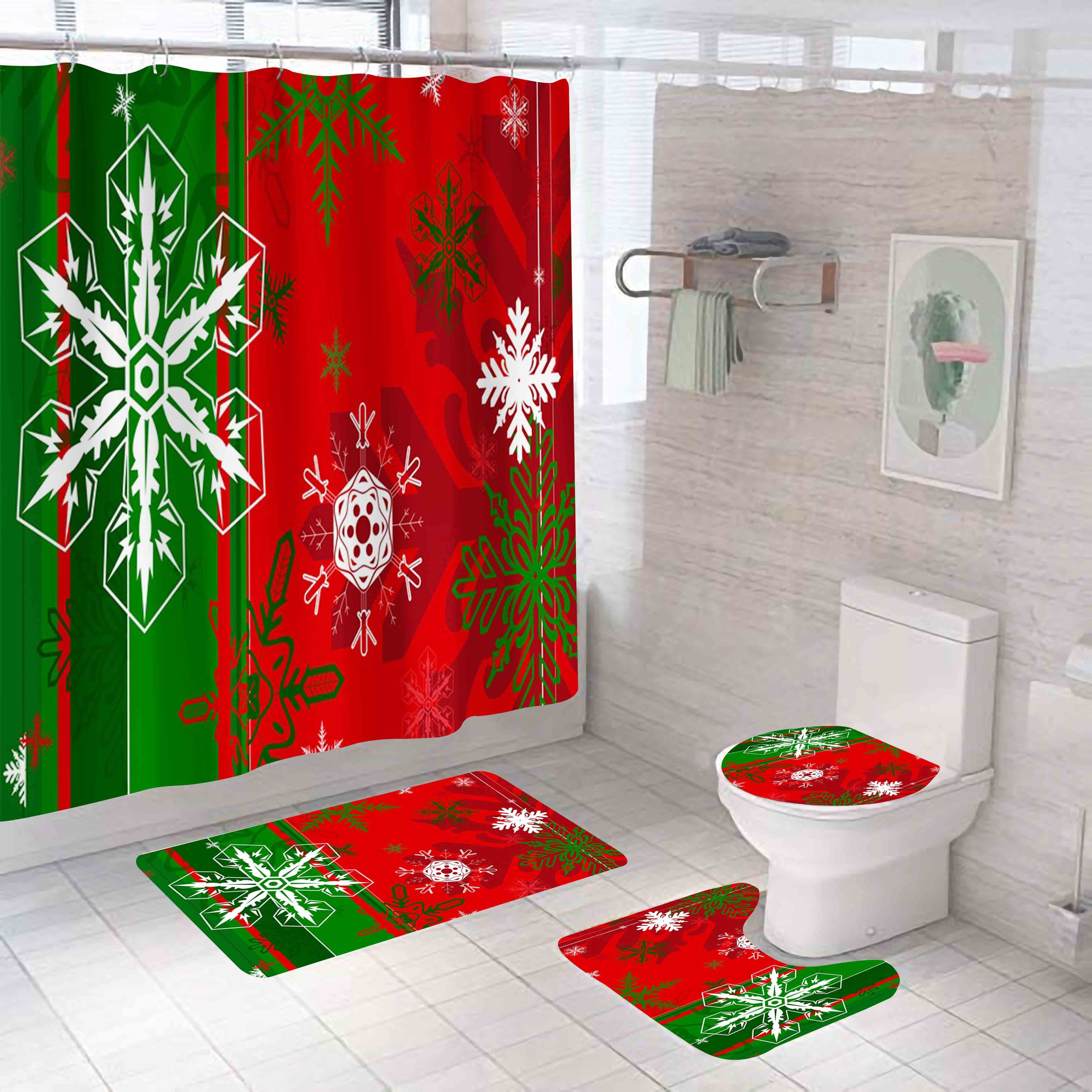 Santa Claus Merry Christmas Toilet Lid Cover Bath Mat Festive Cute Cartoon Shower Curtain Sets with Rugs with Many Gifts