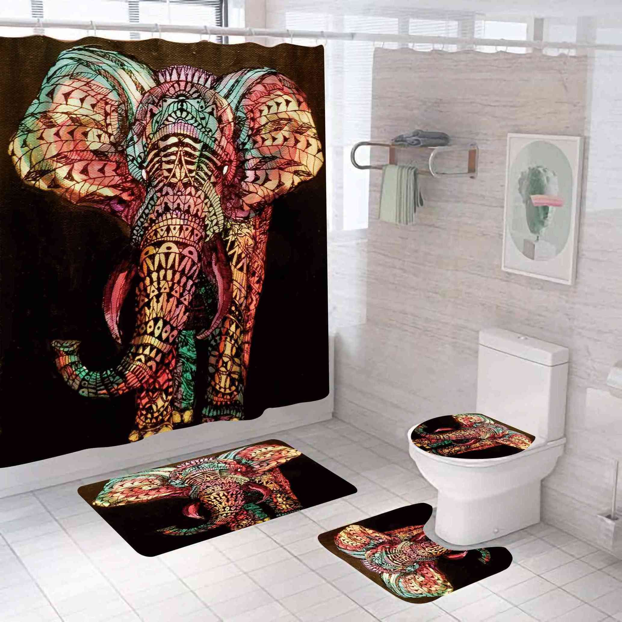 Morden Style 4 Piece 100 Polyester Waterproof Animal Multicolor Elephant Designer Bathroom Rug Printed Shower Curtain Set