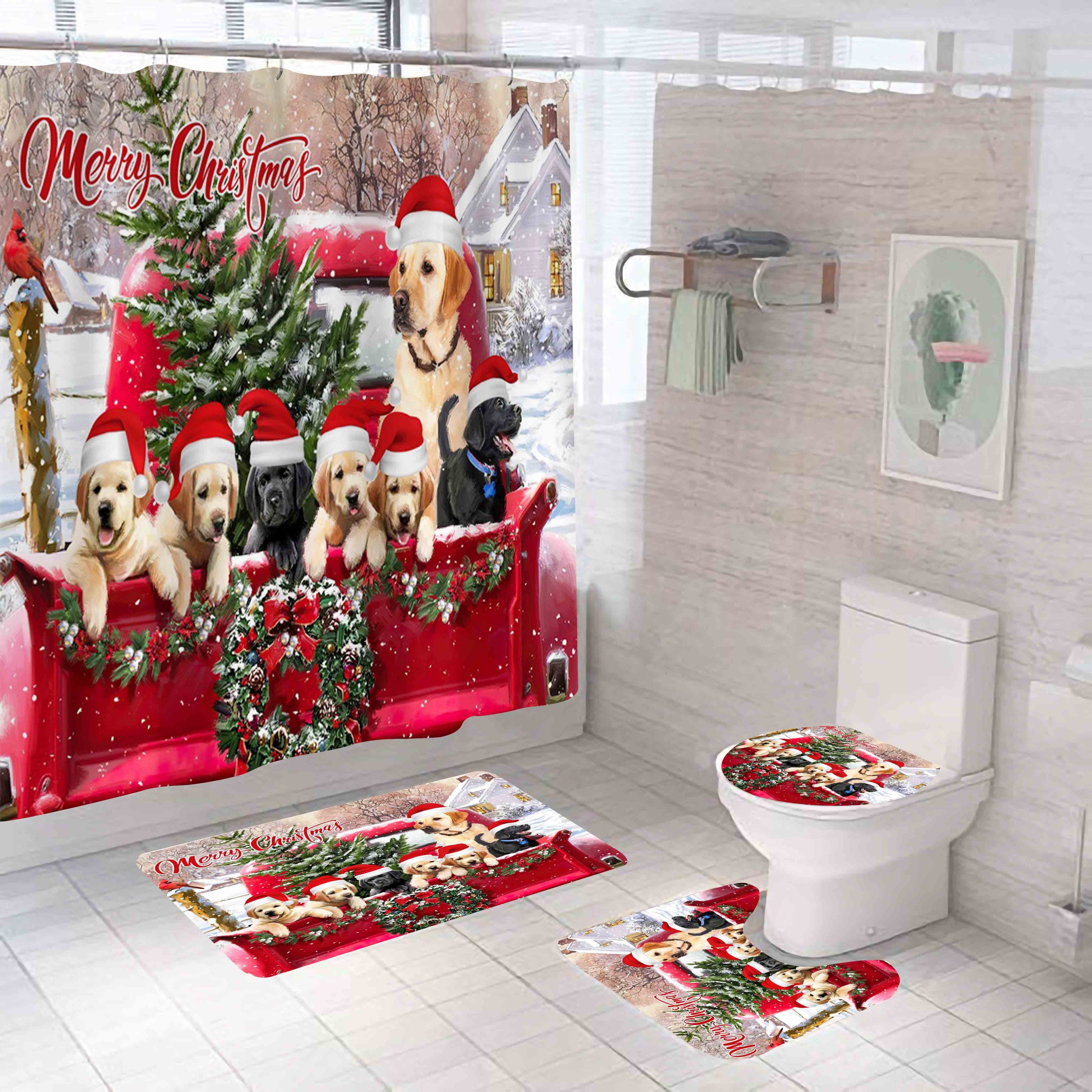 Santa Claus Merry Christmas Toilet Lid Cover Bath Mat Festive Cute Cartoon Shower Curtain Sets with Rugs with Many Gifts