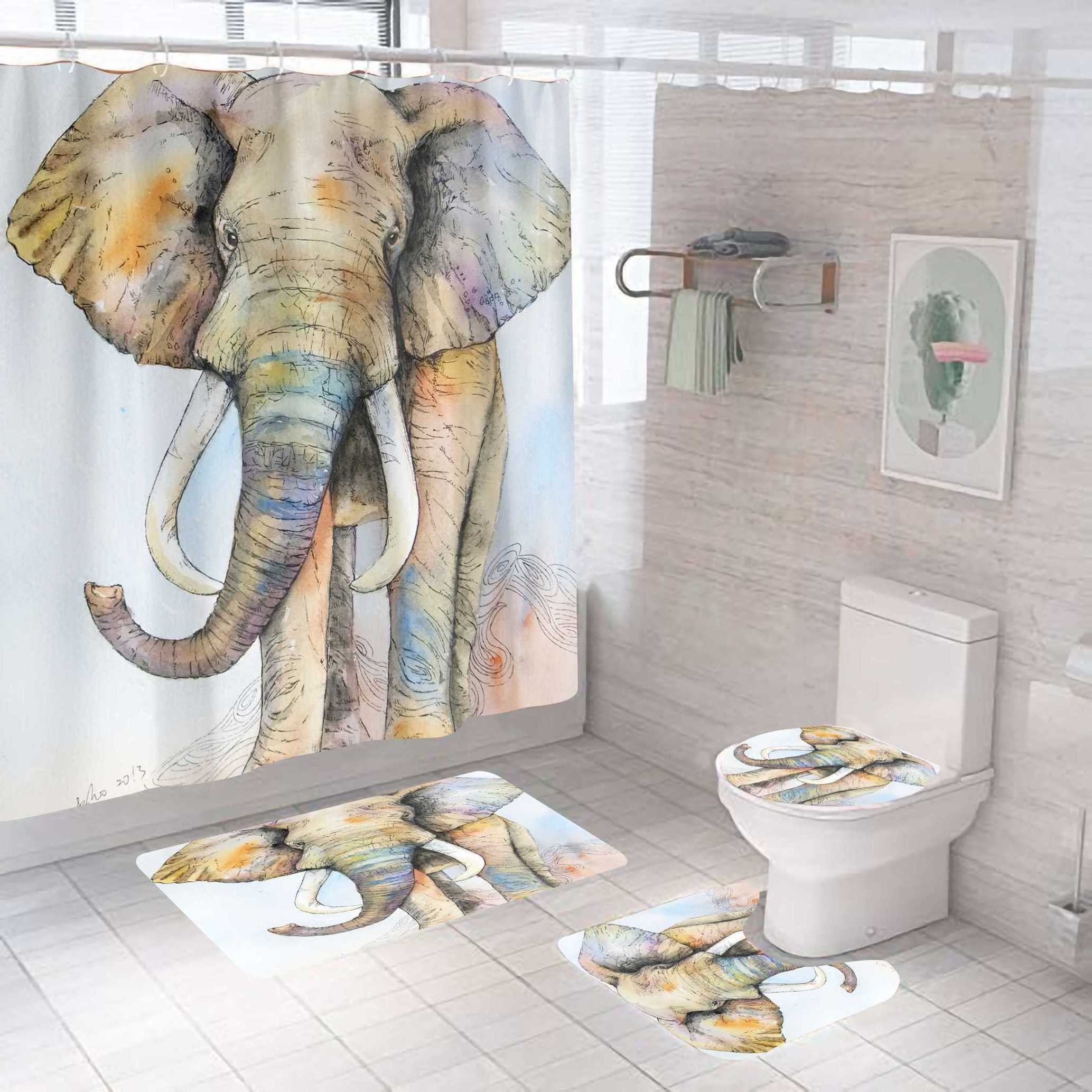 Morden Style 4 Piece 100 Polyester Waterproof Animal Multicolor Elephant Designer Bathroom Rug Printed Shower Curtain Set