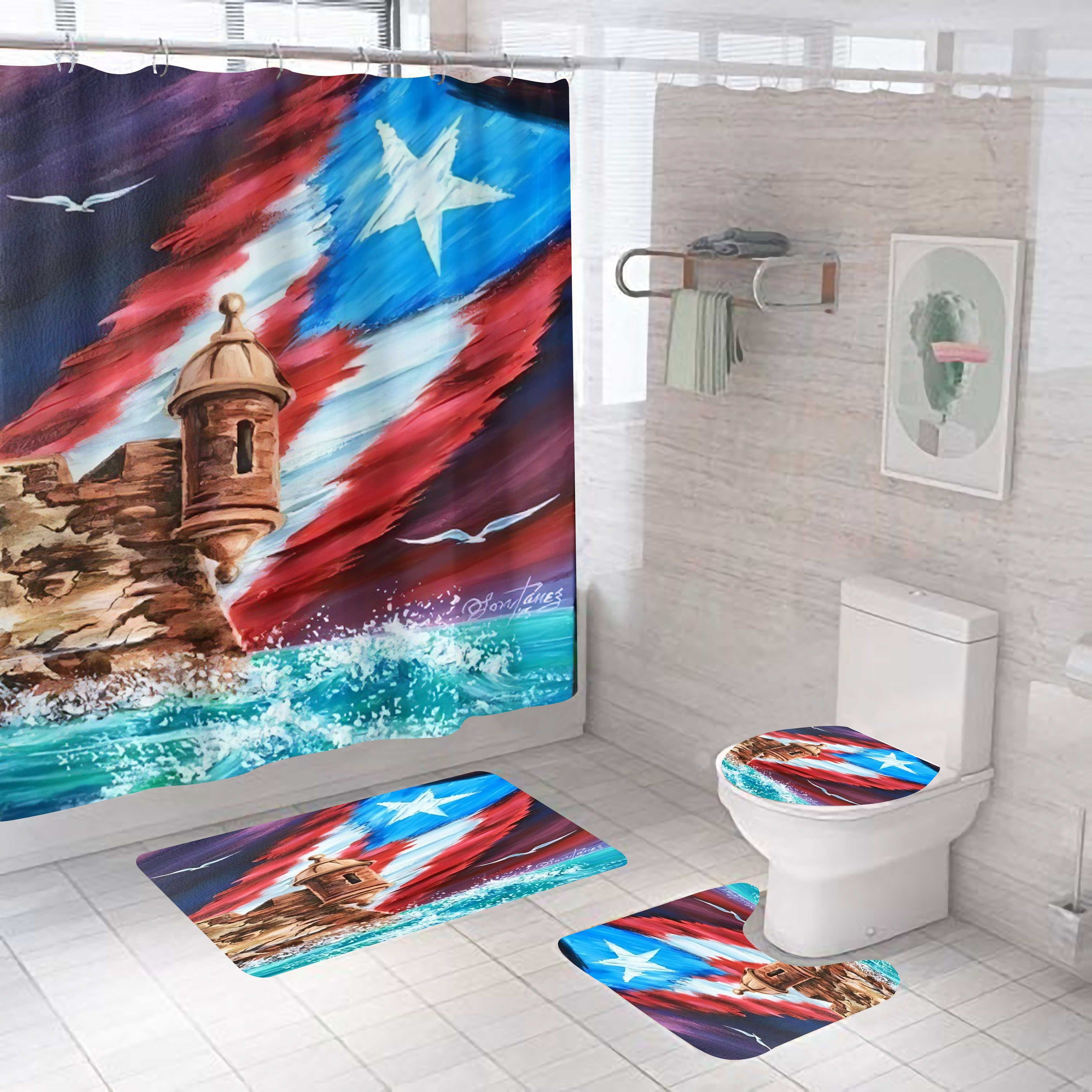 Puerto Rico Flag Rooster Rustic Souvenirs Shower Curtain customized 3d printed waterproof shower curtain rugs bathroom Mat