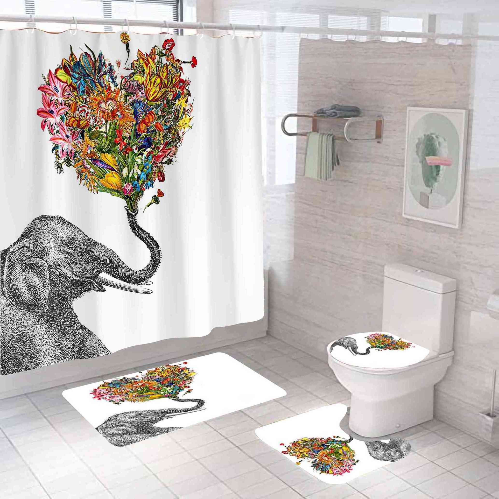 Morden Style 4 Piece 100 Polyester Waterproof Animal Multicolor Elephant Designer Bathroom Rug Printed Shower Curtain Set