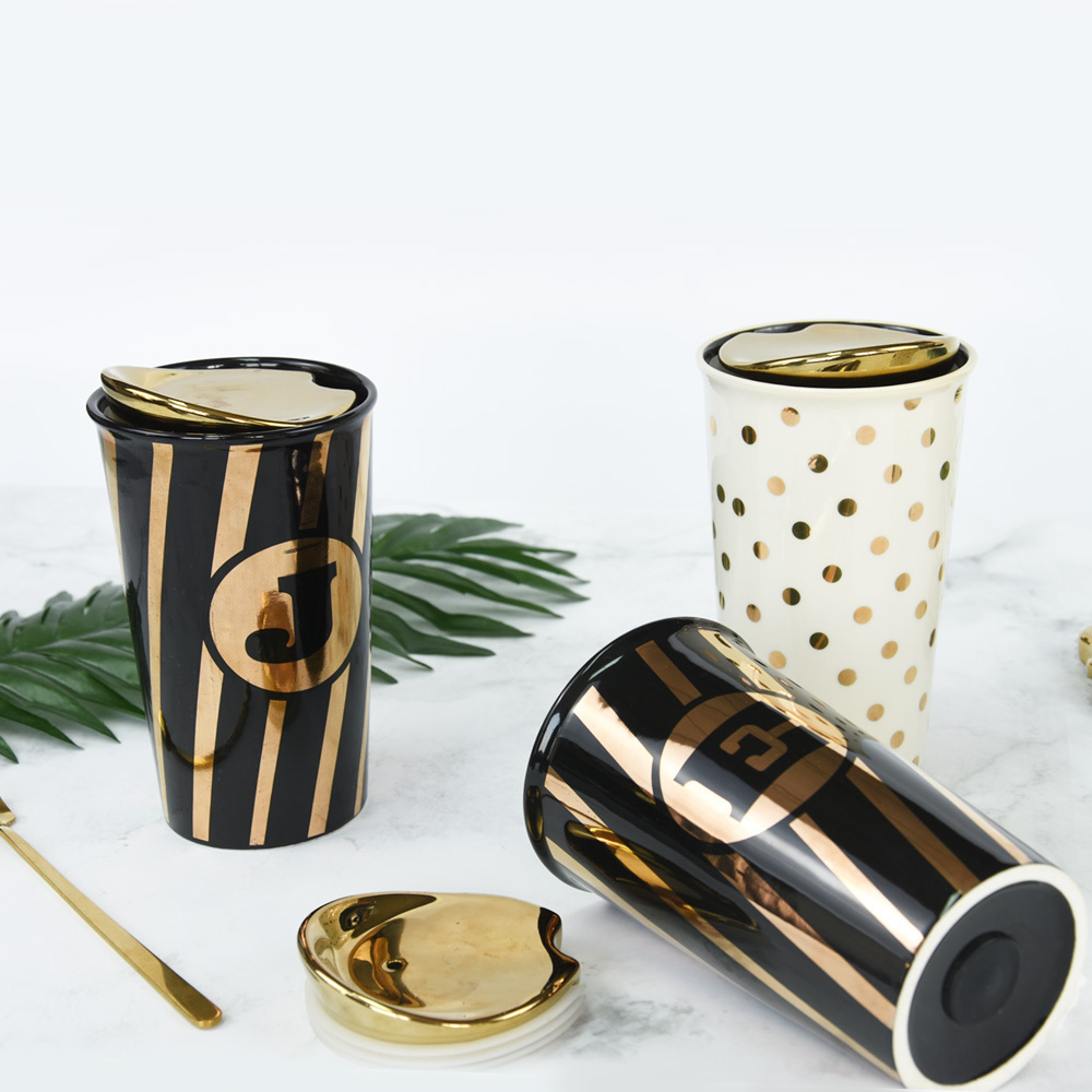 double wall mug with lid,ceramic double wall travel mug with gold decal,ceramic travel mug with lid and printing