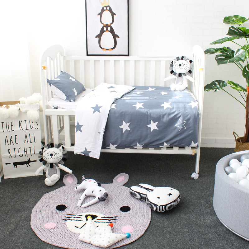 Plain color printed 100% cotton children baby kids 3 piece Crib cot bedding set for Spring autumn Winter