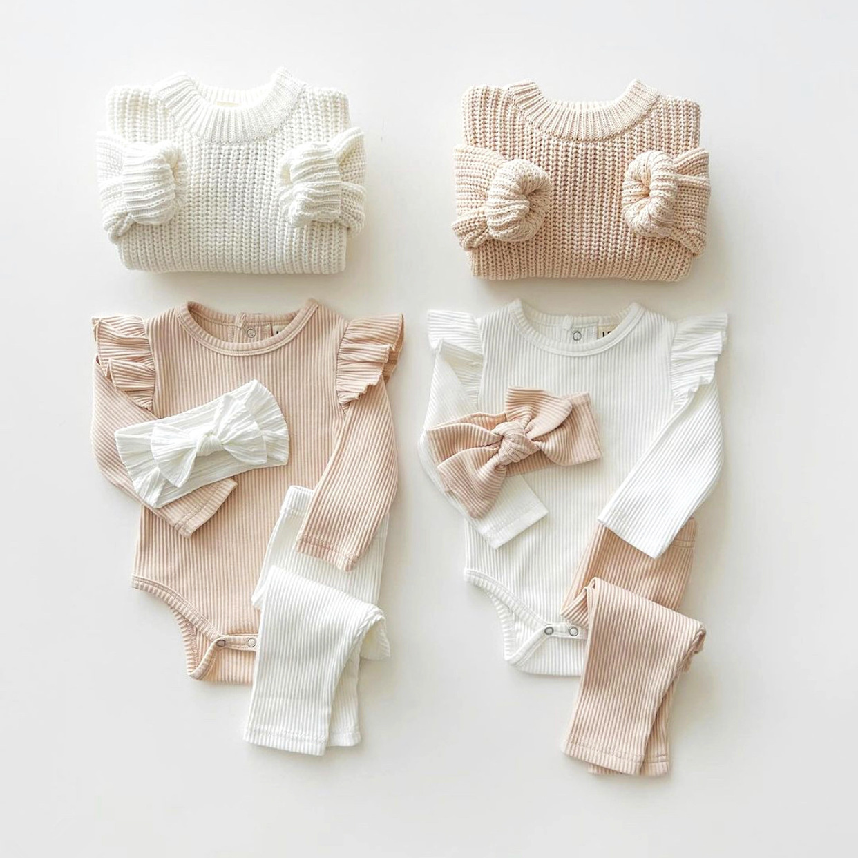 Custom OEM Newborn Infant Toddler Girls Romper Clothes Solid Color Flying sleeve  Baby  Romper with pants and headband set