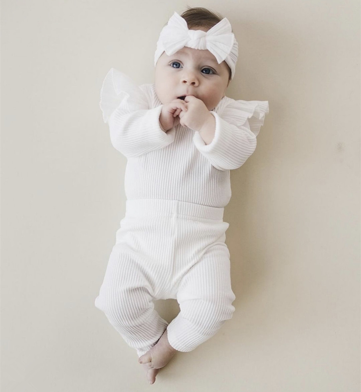 Custom OEM Newborn Infant Toddler Girls Romper Clothes Solid Color Flying sleeve  Baby  Romper with pants and headband set