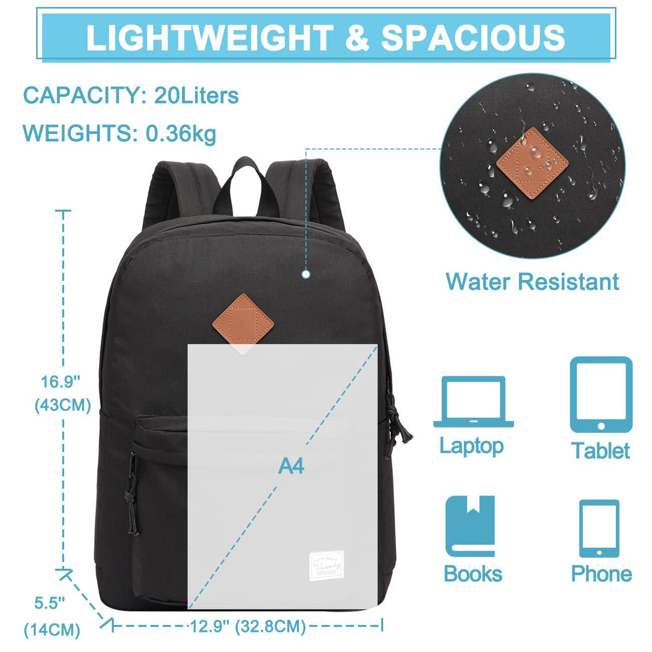 Lightweight Backpack School, Classic Basic Water Resistant Casual Daypack Travel Bottle Side Pockets