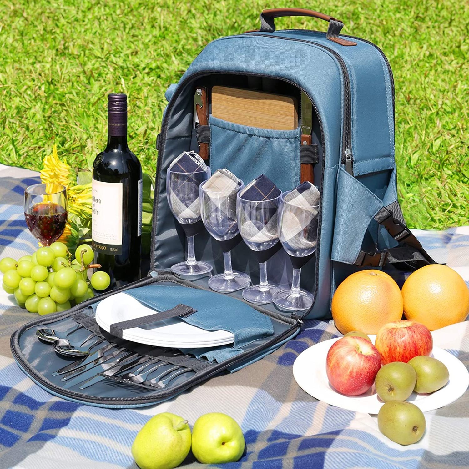 Picnic Backpack for 4 Person with Blanket Picnic Basket Set for 2 with Insulated Cooler Wine Pouch for Family Couples