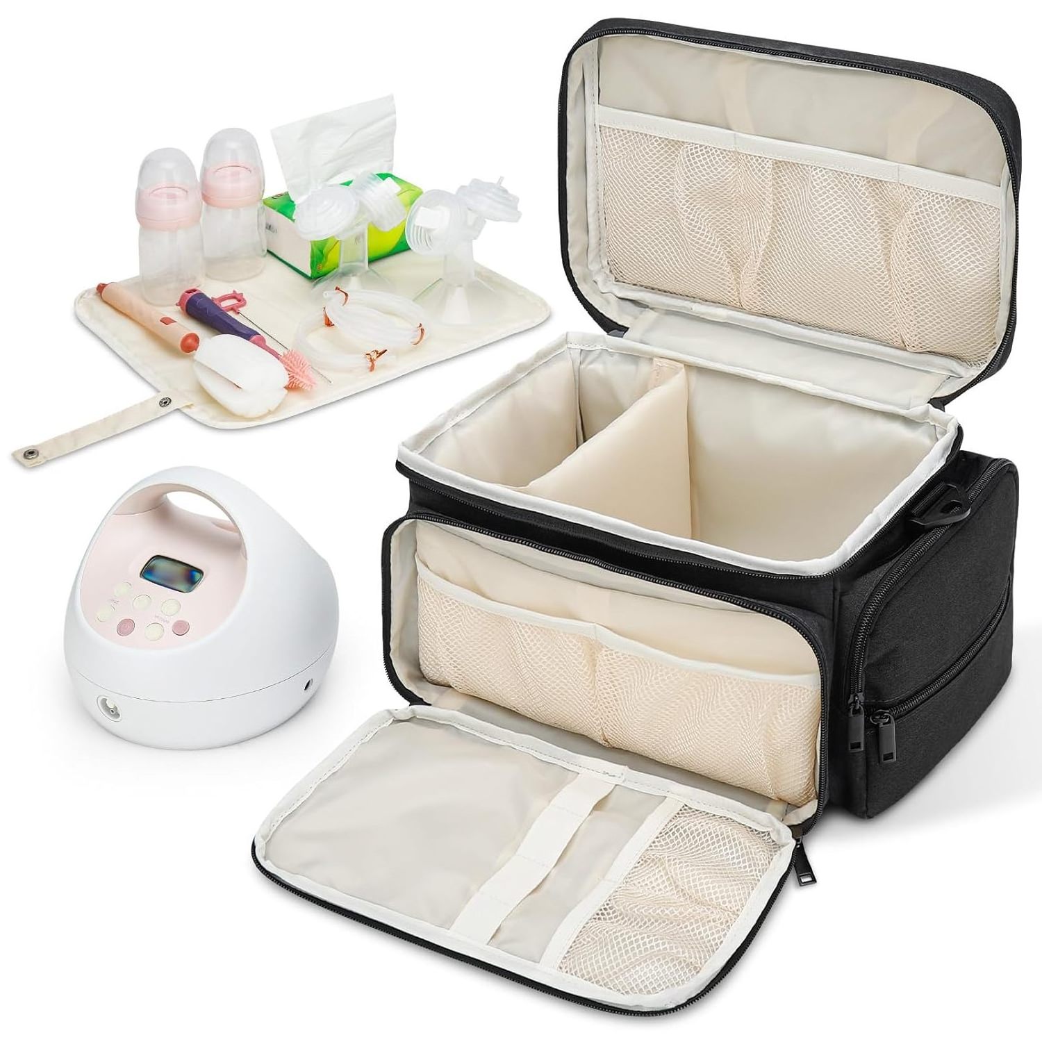 Breast Pumping Bag with Waterproof Mat for Pump Accessories, Pump Bag for Work, Travel and Family Use