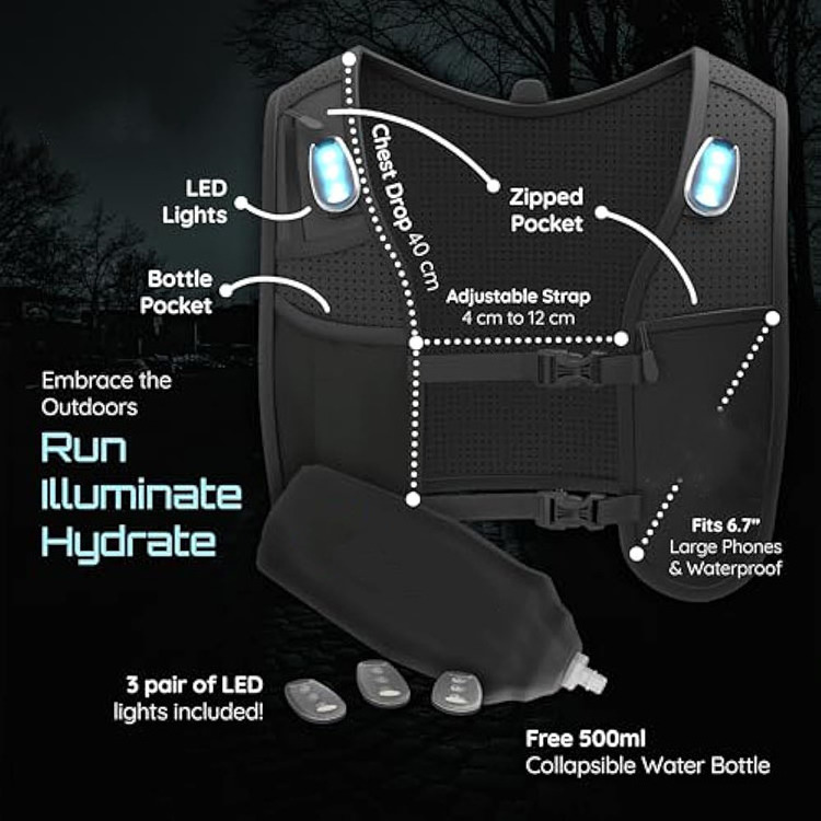 LED Running Vest, Adjustable Unisex Reflective Vest with Phone Holder and Storage, Lightweight and Durable Running Backpack