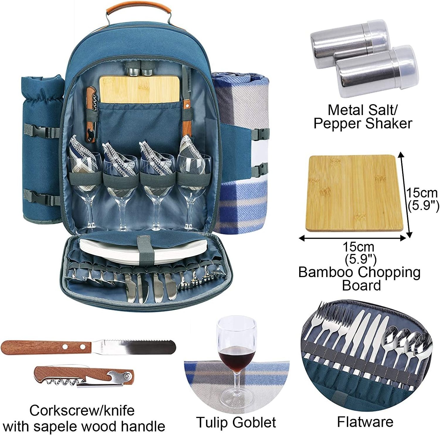 Picnic Backpack for 4 Person with Blanket Picnic Basket Set for 2 with Insulated Cooler Wine Pouch for Family Couples