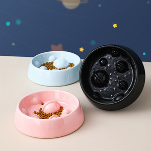 Pet products modern creative custom cute planet design round cat food feeding ceramic slow feeder dog bowl pets dog bowls