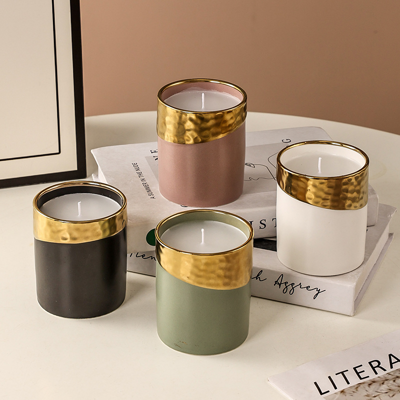 2023 New arrival Cylinder Ceramic Candle Jar Empty Home Decor vessel Gold Luxury with lids Decoration Matte Black White Holder