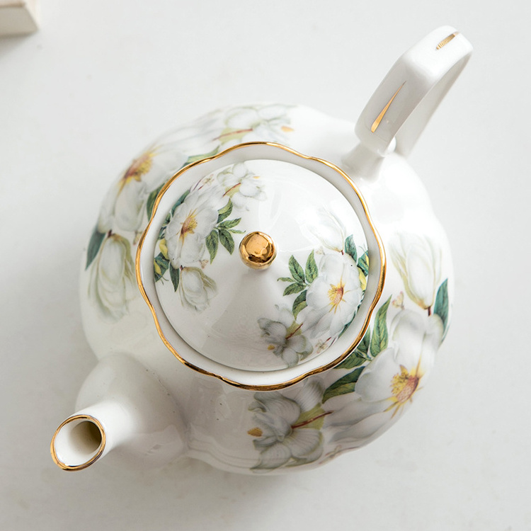 Chinese traditional floral porcelain tea pots luxury white and gold rim decorative new design ceramic tea pot for gift