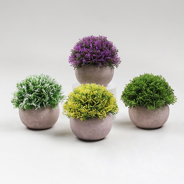 Artificial Plastic Mini Plants Faux Green Grass in Gray Pot Lifelike Shrubs for Home Office Decoration