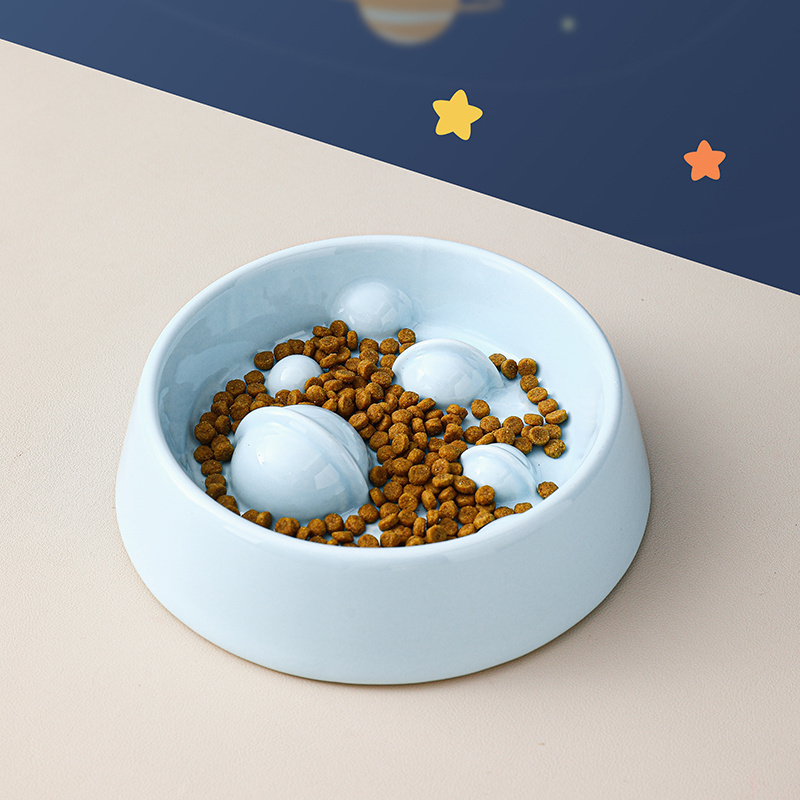 Pet products modern creative custom cute planet design round cat food feeding ceramic slow feeder dog bowl pets dog bowls