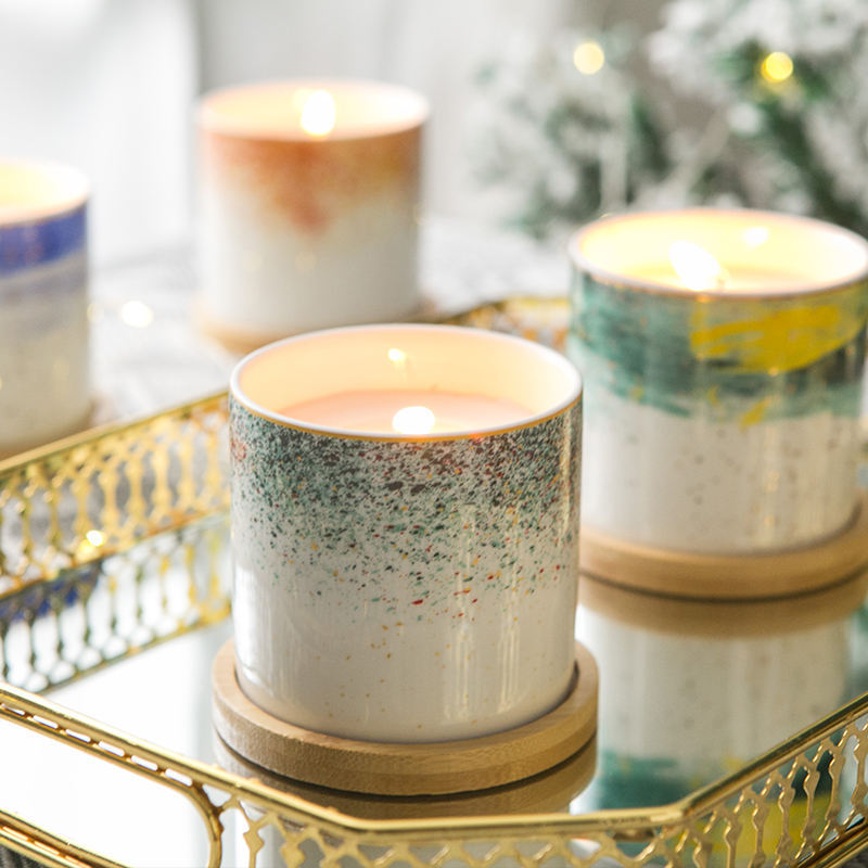 Modern nordic christmas custom luxury hand painted gold dot decorative round white ceramic jar unique empty candle jars with lid