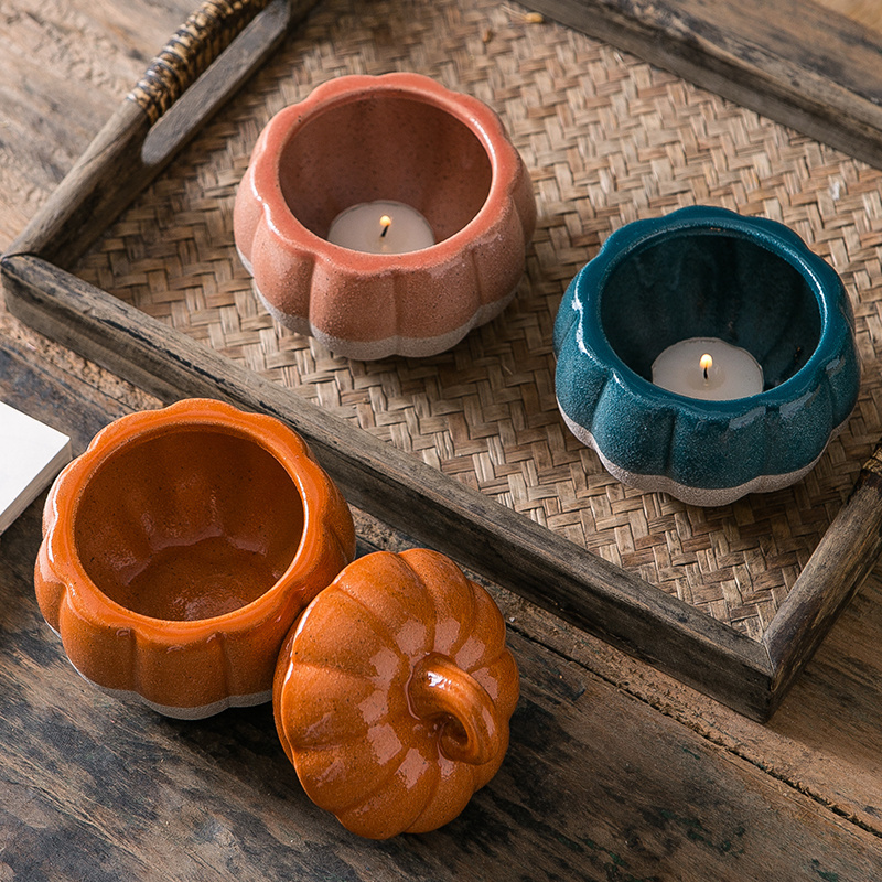 Custom unique design decoration luxury empty small porcelain candle jars creative tealight pumpkin ceramic candle jar with lids