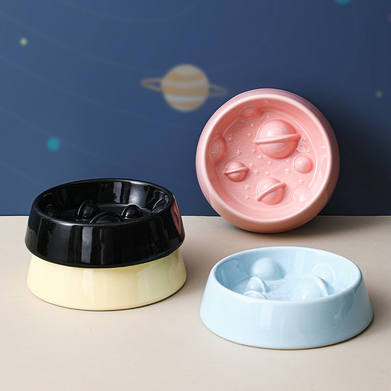 Pet products modern creative custom cute planet design round cat food feeding ceramic slow feeder dog bowl pets dog bowls