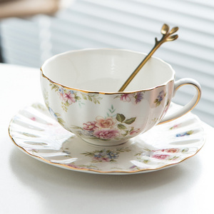 Wholesale luxury porcelain gold rim pink flower cappuccino cup ceramic tea cup and saucer turkish coffee cups with spoon