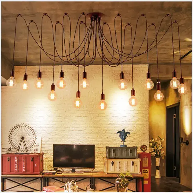 Black Multi-heads Spider Pendant Lamp Loft Vintage Edison Bulb Hanging Lights E27 8 Arms Ceiling Lights for Restaurant