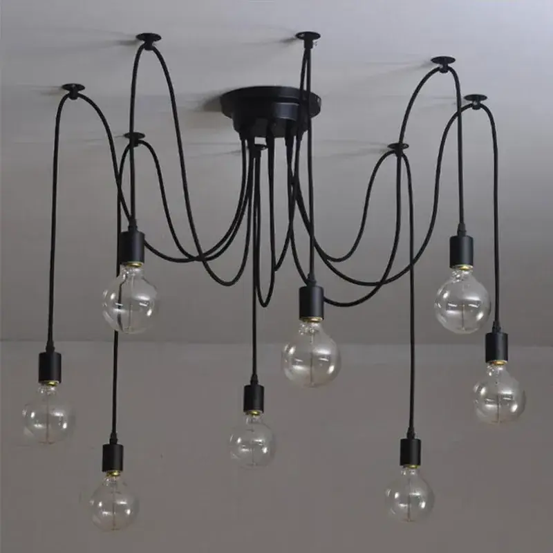 Black Multi-heads Spider Pendant Lamp Loft Vintage Edison Bulb Hanging Lights E27 8 Arms Ceiling Lights for Restaurant