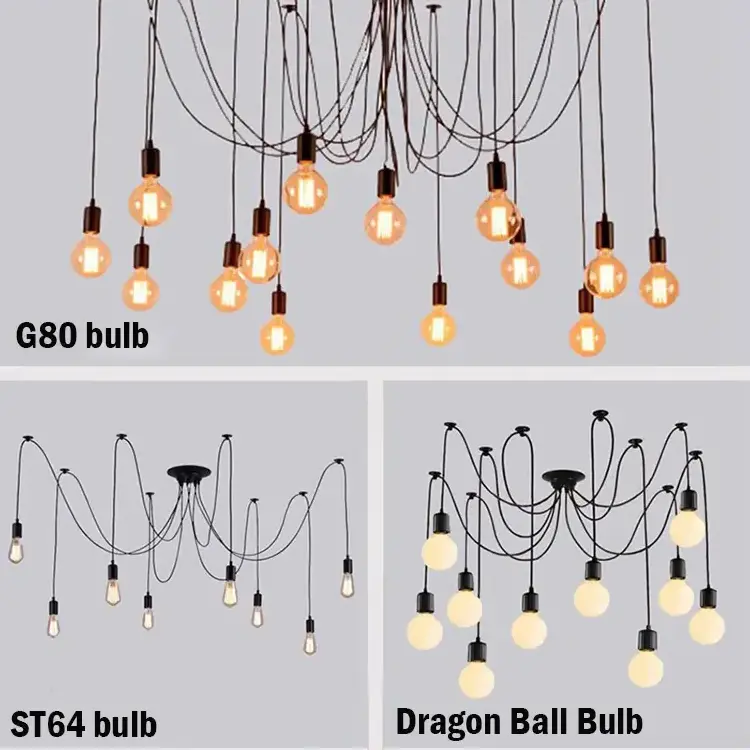 Black Multi-heads Spider Pendant Lamp Loft Vintage Edison Bulb Hanging Lights E27 8 Arms Ceiling Lights for Restaurant