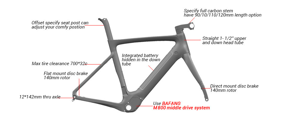 Full Carbon Road Disc Ebike Frame With Flat Mount Brake LCE21