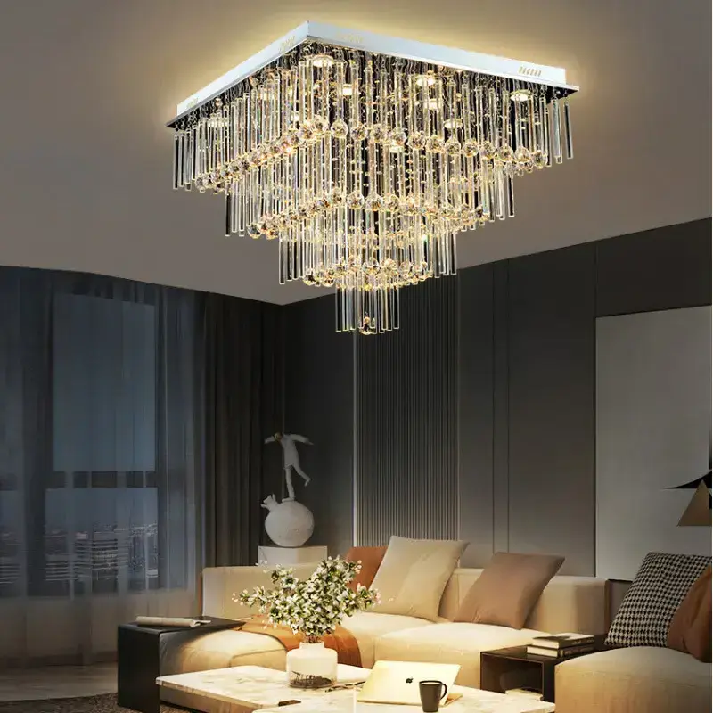 K9 Crystal Ceiling Light Chandeliers Ceiling Lamp Lights & Steel Flush Mount for Living Room Bedroom Silver Gold