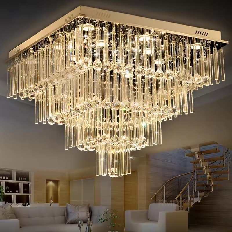 K9 Crystal Ceiling Light Chandeliers Ceiling Lamp Lights & Steel Flush Mount for Living Room Bedroom Silver Gold