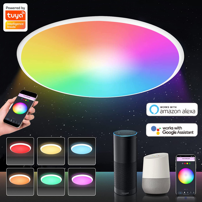 Tuya WIFI Smart Ceiling Light Alexa Google Ultra-thin Simple RGBCW Colorful Bedroom Light