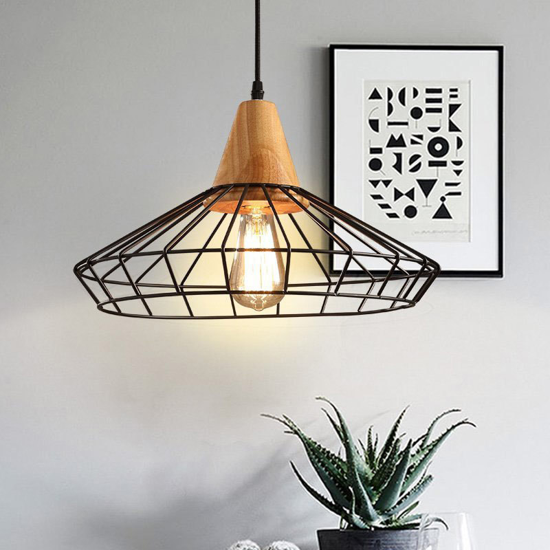 antique vintage edison bulb metal wire mesh kitchen island pendant light iron cage fixture E27 Wood Pendant Lamp