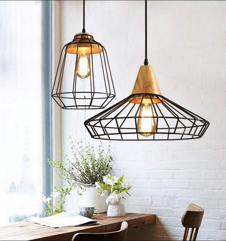 antique vintage edison bulb metal wire mesh kitchen island pendant light iron cage fixture E27 Wood Pendant Lamp