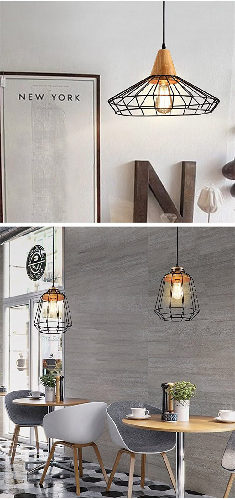 antique vintage edison bulb metal wire mesh kitchen island pendant light iron cage fixture E27 Wood Pendant Lamp