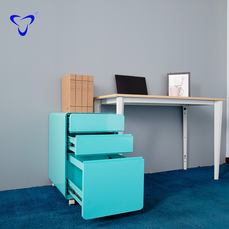 Office metal furniture storage 3 drawers round edge filing cabinet mobile pedestal with lock file cabinet on wheels